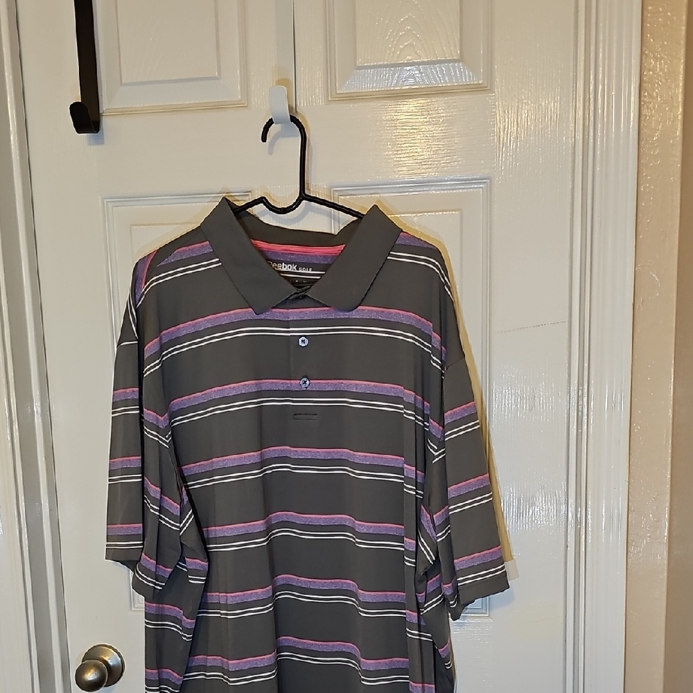 Reebok Polo Shirt with Gray and Pink Stripes